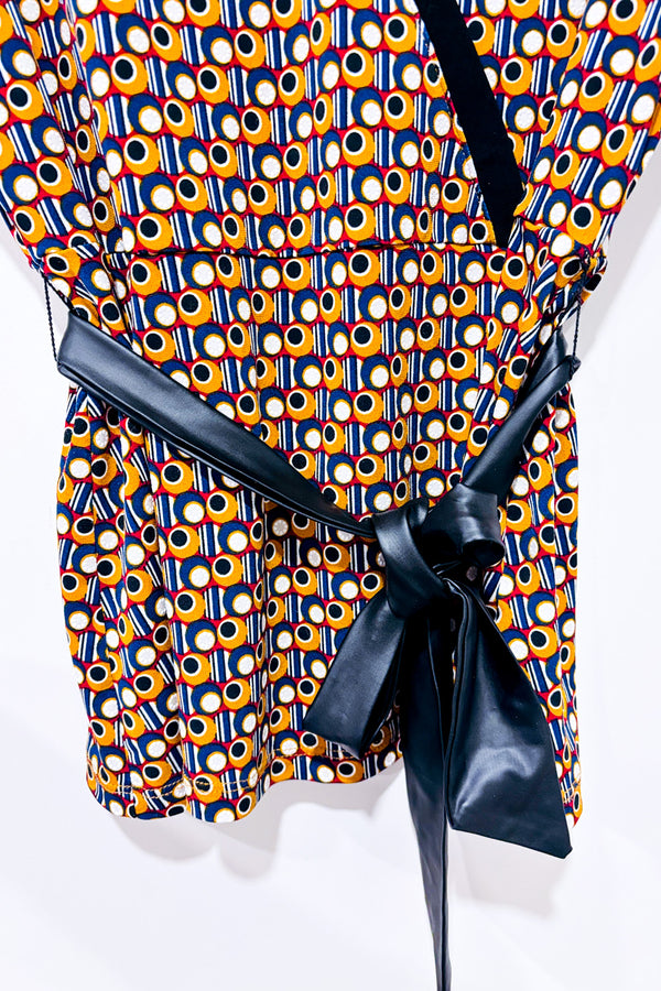 Haut cache-cœur motifs rétro 70’s brun et marine * seconde main - San Francisco- La Penderie du Paradis