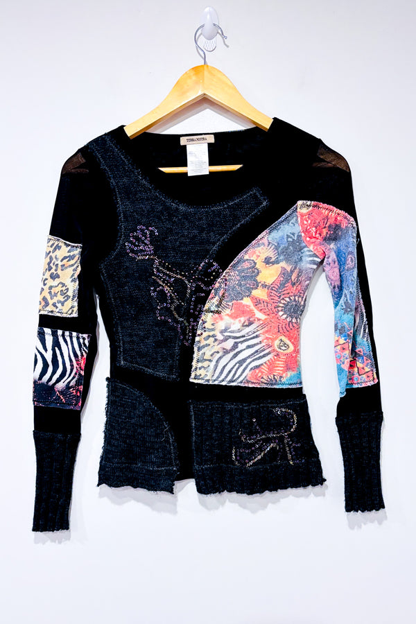 Chandail noir patchwork texturé à motifs seconde main - Terra Nostra- La Penderie du Paradis