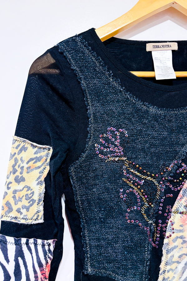 Chandail noir patchwork texturé à motifs seconde main - Terra Nostra- La Penderie du Paradis