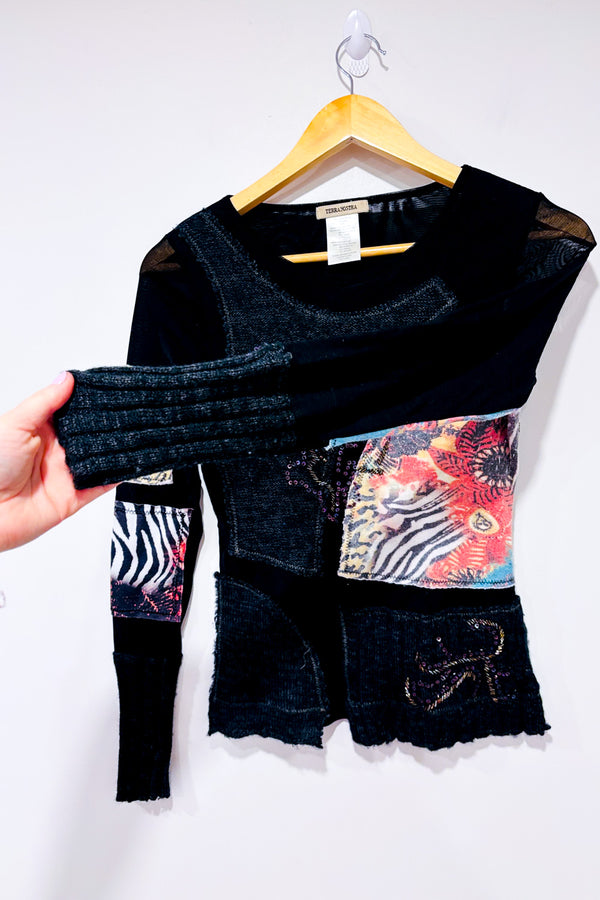 Chandail noir patchwork texturé à motifs seconde main - Terra Nostra- La Penderie du Paradis