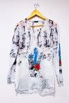 Blouse fluide transparente blanche motif artistique avec paillettes seconde main - Tricotto- La Penderie du Paradis