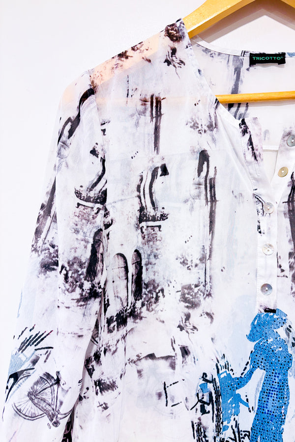Blouse fluide transparente blanche motif artistique avec paillettes seconde main - Tricotto- La Penderie du Paradis