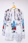 Blouse fluide transparente blanche motif artistique avec paillettes seconde main - Tricotto- La Penderie du Paradis