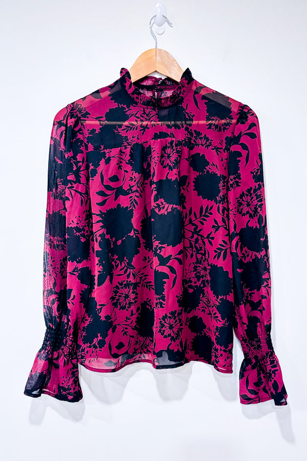 Blouse bourgogne et noire fleurie à manches fluides* seconde main - Mexx- La Penderie du Paradis