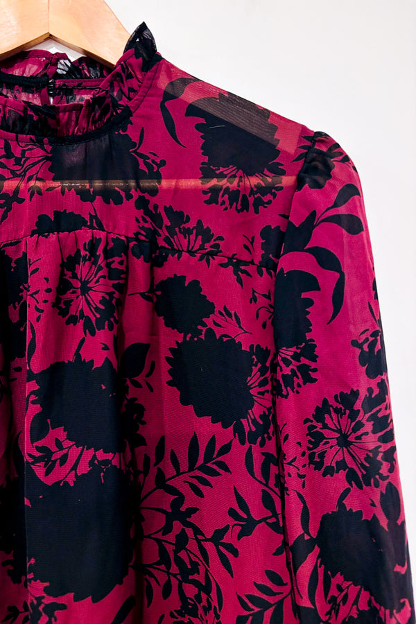 Blouse bourgogne et noire fleurie à manches fluides* seconde main - Mexx- La Penderie du Paradis