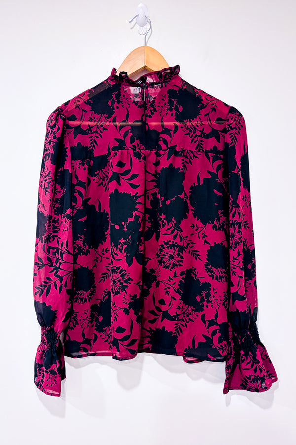 Blouse bourgogne et noire fleurie à manches fluides* seconde main - Mexx- La Penderie du Paradis