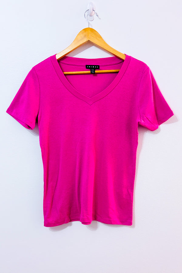 T-shirt basique rose fuchsia côtelé seconde main - Tribal- La Penderie du Paradis