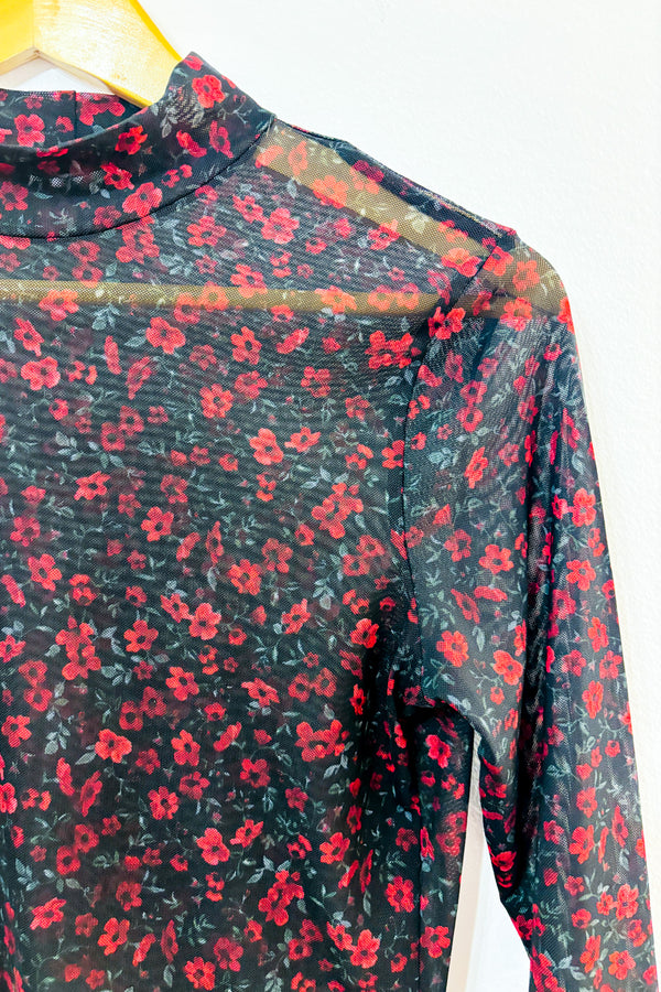 Haut noir fleuri en maille transparente à col montant* seconde main - Reitmans- La Penderie du Paradis