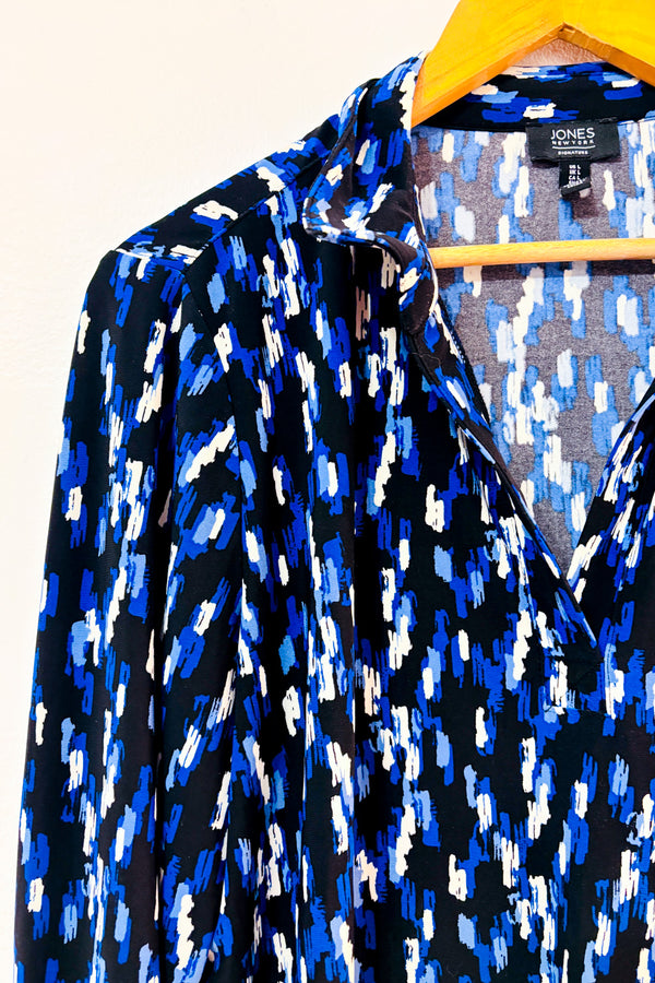 Blouse fluide noire et bleue à imprimé abstrait* seconde main - Jones New York- La Penderie du Paradis