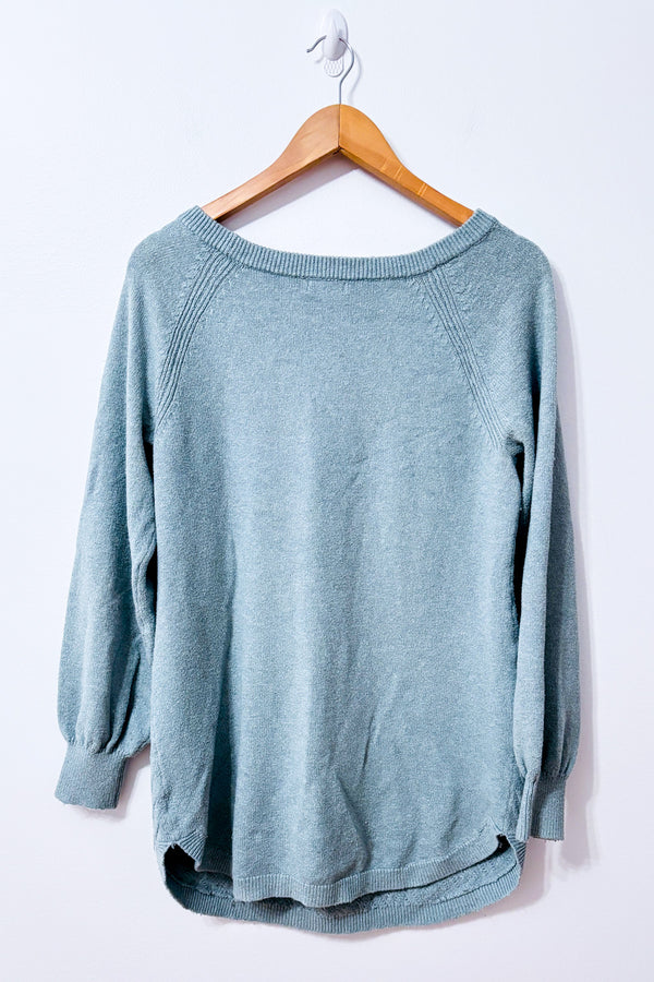 Chandail bleu eau en tricot à torsades seconde main - Reitmans- La Penderie du Paradis