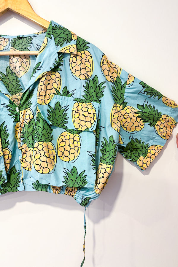 XX_Chemise ample crop top bleue avec ananas (m) seconde main Autres