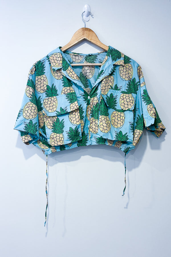 XX_Chemise ample crop top bleue avec ananas (m) seconde main Autres