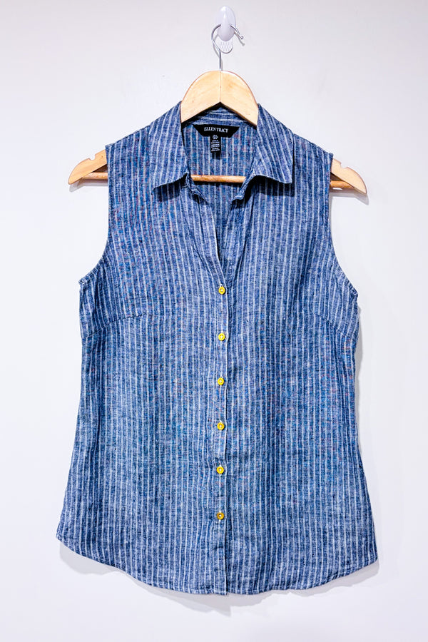 Chemise bleue et blanche rayée en lin sans manche (s)-Ellen Tracy-La Penderie du Paradis 🕊