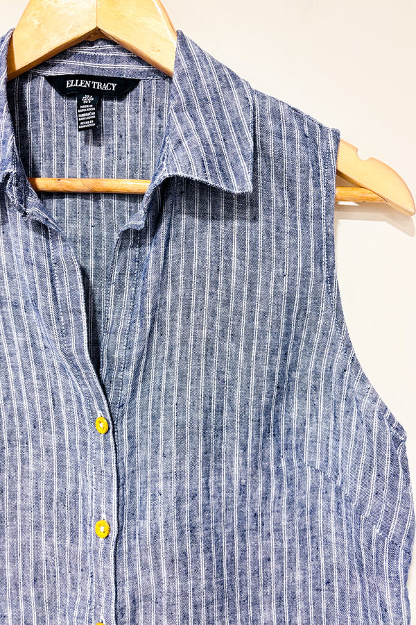 Chemise bleue et blanche rayée en lin sans manche (s)-Ellen Tracy-La Penderie du Paradis 🕊