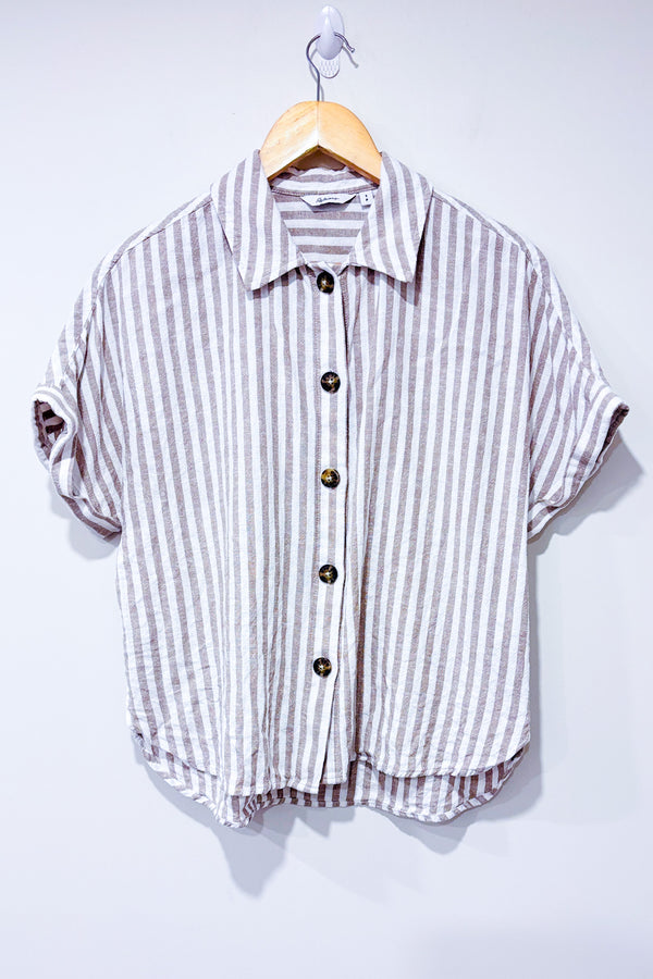 Chemise beige et blanche rayée en lin (s)*-Reitmans-La Penderie du Paradis 🕊