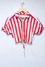 White and red striped cropped tie-up blouse (xs)