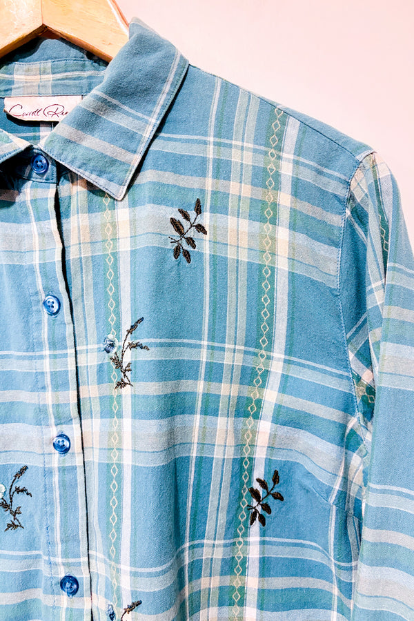 Chemise vintage verte à carreaux avec feuilles brodées (l)-Caroll Reed-La Penderie du Paradis 🕊