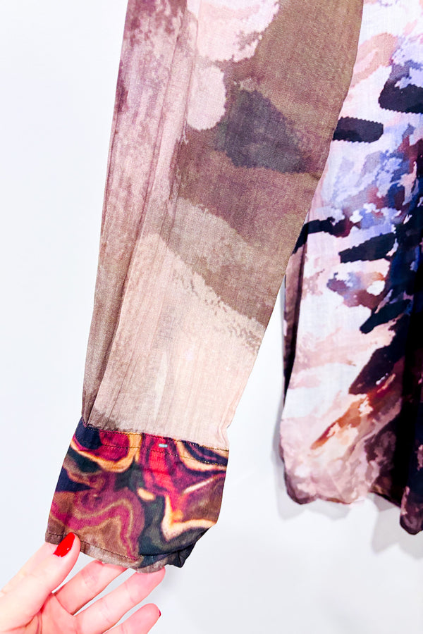 Chemise kaki et rose pâle à motifs en soie* seconde main - Max Volmary- La Penderie du Paradis