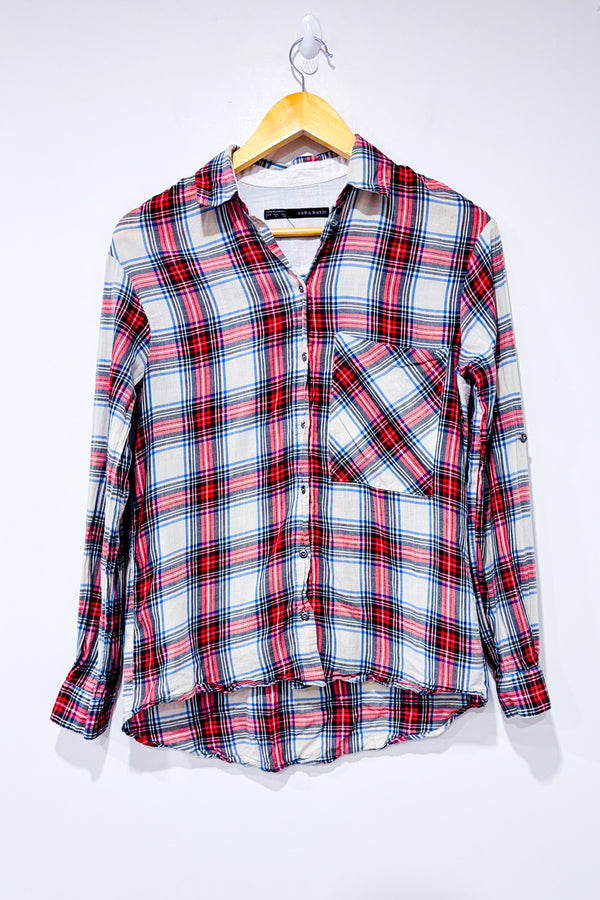 Chemise bleue et rouge à carreaux seconde main - Zara- La Penderie du Paradis