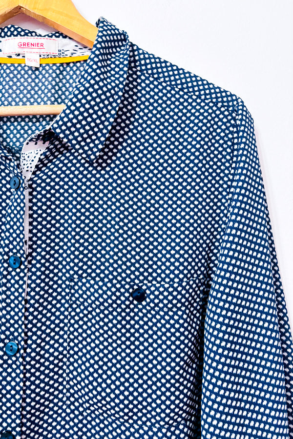 Blouse bleue et blanche à motifs seconde main - Grenier- La Penderie du Paradis
