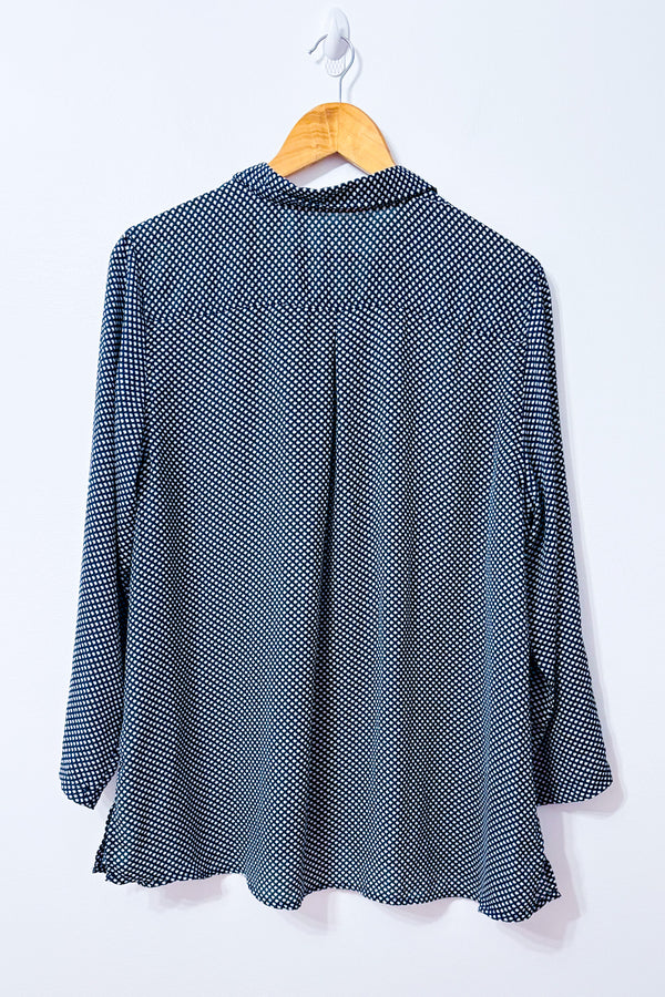 Blouse bleue et blanche à motifs seconde main - Grenier- La Penderie du Paradis