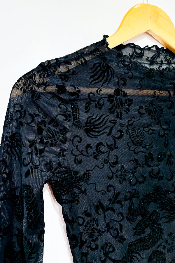 Crop top à manches longue noir transparent avec fleurs de velours (xs) seconde main SHEIN