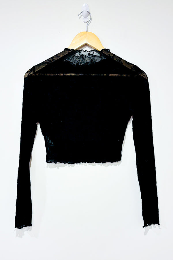 Crop top à manches longue noir transparent avec fleurs de velours (xs) seconde main SHEIN