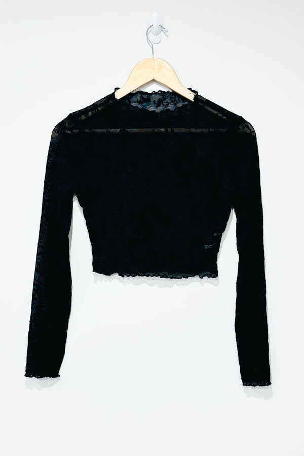 Crop top à manches longue noir transparent avec fleurs de velours (xs) seconde main SHEIN