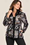 Veste zippée à motifs noir et brun col montant seconde main - Graffiti Petite- La Penderie du Paradis