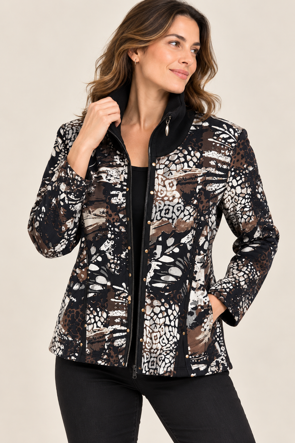 Veste zippée à motifs noir et brun col montant seconde main - Graffiti Petite- La Penderie du Paradis
