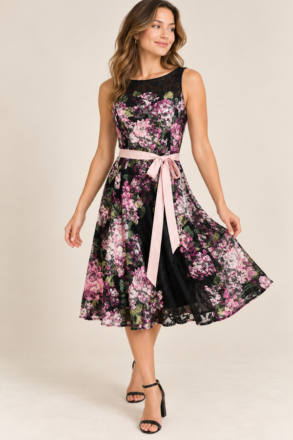 Robe midi noire et rose fleurie en dentelle* seconde main - Laura- La Penderie du Paradis