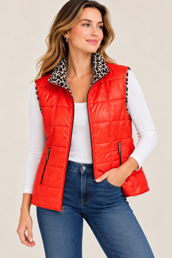 Veste sans manches matelassée orange intérieur léopard seconde main - Proportion Petite / Conrad C- La Penderie du Paradis