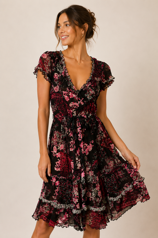 Robe semi-transparente rouge et noire fleurie* seconde main - Terra Nostra- La Penderie du Paradis