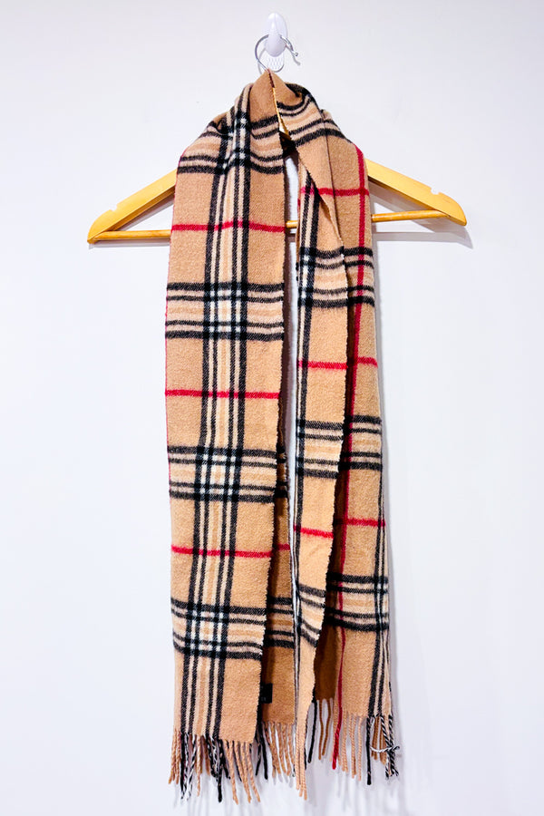 Foulard beige à carreaux en laine et chachemire seconde main - Fraas- La Penderie du Paradis