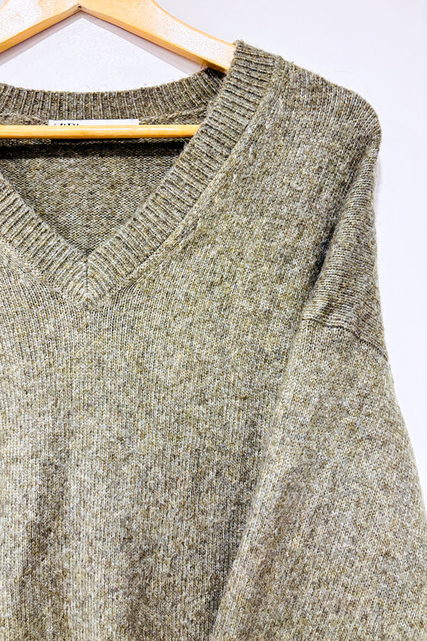 Chandail taupe en tricot taupe col en V - Homme seconde main - Zara- La Penderie du Paradis