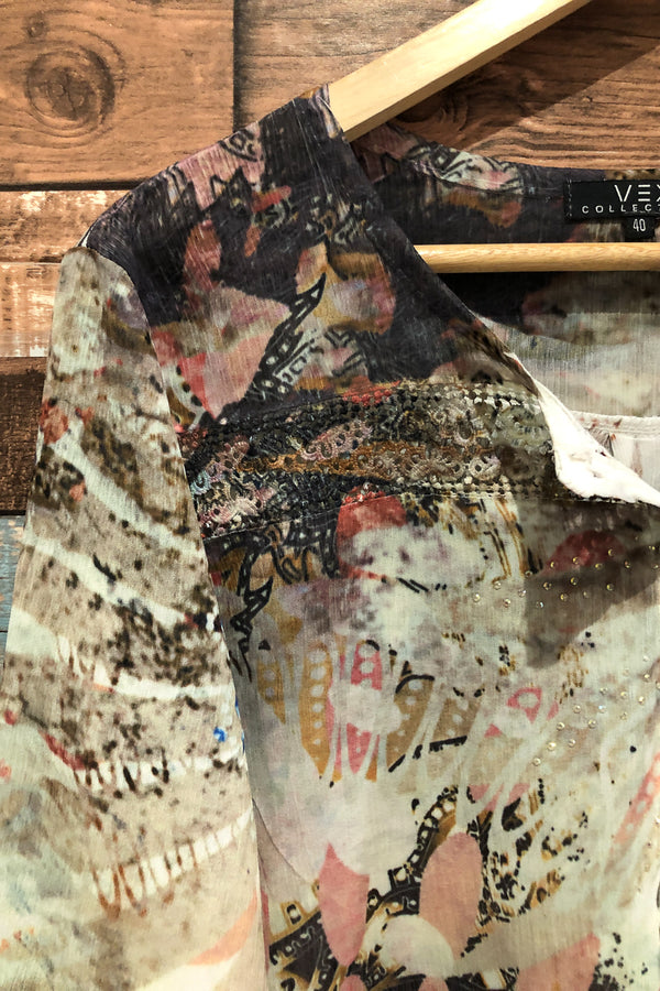 Haut beige et rose avec motifs (m) seconde main VEX