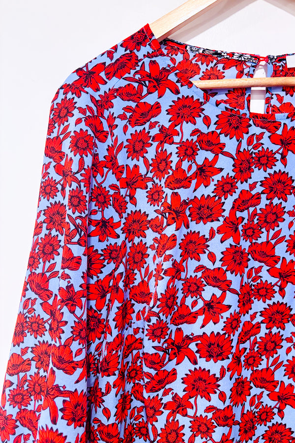 Haut bleu et rouge fleuri avec manches bouffantes (1X)-Dalia-La Penderie du Paradis 🕊