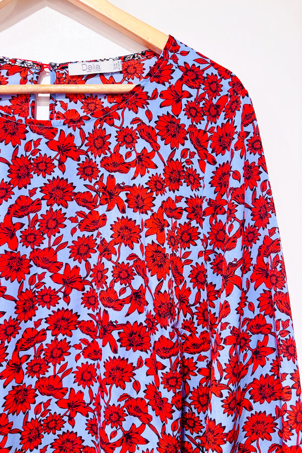 Haut bleu et rouge fleuri avec manches bouffantes (1X)-Dalia-La Penderie du Paradis 🕊