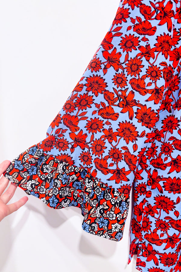 Haut bleu et rouge fleuri avec manches bouffantes (1X)-Dalia-La Penderie du Paradis 🕊