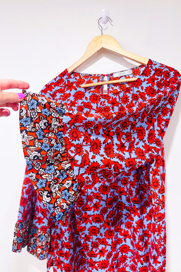 Haut bleu et rouge fleuri avec manches bouffantes (1X)-Dalia-La Penderie du Paradis 🕊