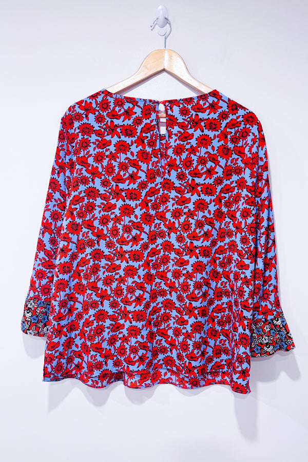 Haut bleu et rouge fleuri avec manches bouffantes (1X)-Dalia-La Penderie du Paradis 🕊