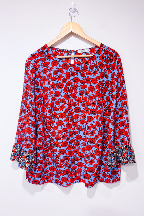 Haut bleu et rouge fleuri avec manches bouffantes (1X)-Dalia-La Penderie du Paradis 🕊