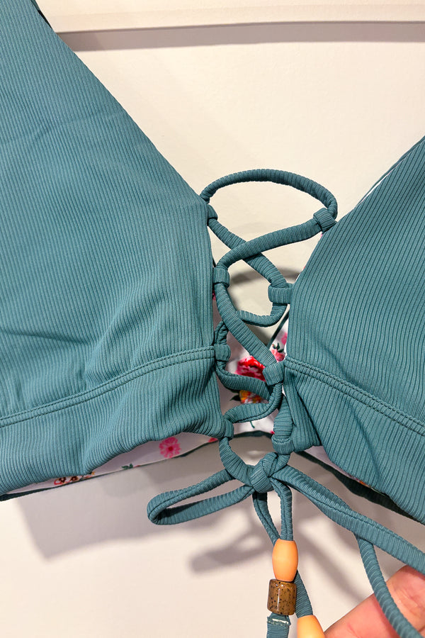 Haut de maillot de bain réversible vert côtelé/blanc fleuri (l) seconde main Maaji