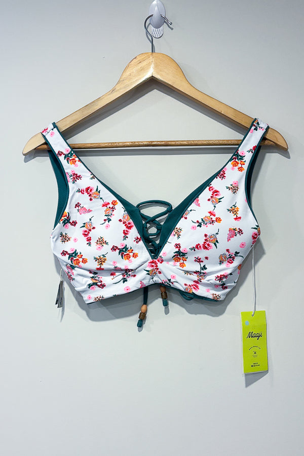 Haut de maillot de bain réversible vert côtelé/blanc fleuri (l) seconde main Maaji