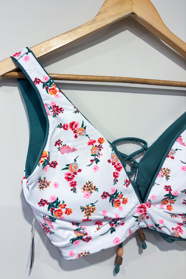 Haut de maillot de bain réversible vert côtelé/blanc fleuri (l) seconde main Maaji