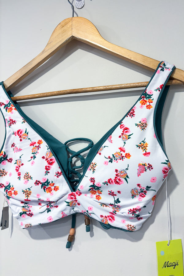 Haut de maillot de bain réversible vert côtelé/blanc fleuri (l) seconde main Maaji