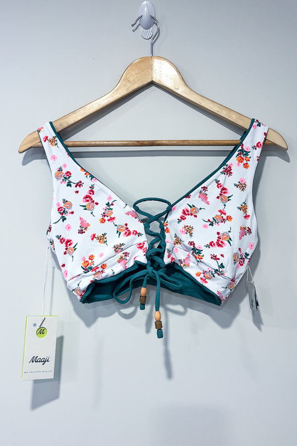 Haut de maillot de bain réversible vert côtelé/blanc fleuri (l) seconde main Maaji