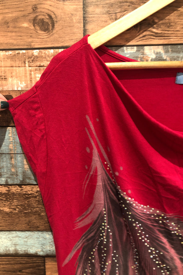 Haut rouge avec plumes et diamants (xl) seconde main blu stop