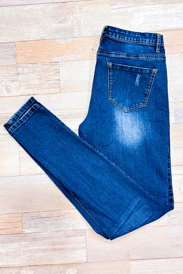 Jeans bleu foncé délavé jambe étroite seconde main - Be-you-ti-ful- La Penderie du Paradis