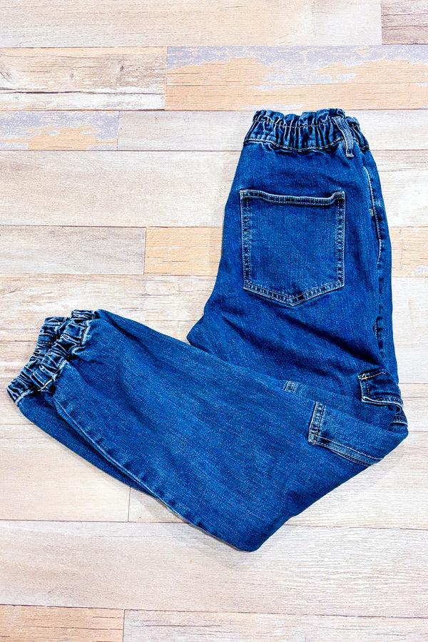 Jeans jogger bleu taille haute à poches cargo* seconde main - Blumind- La Penderie du Paradis